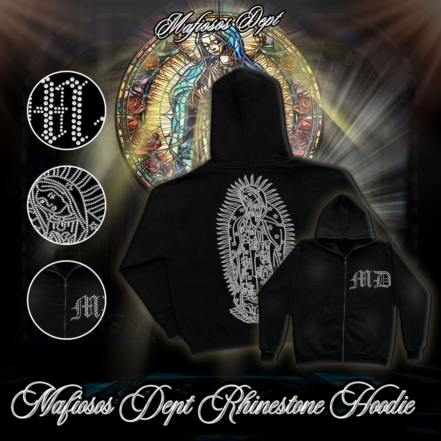 MD Virgencita rhinestone Zip-up hoodie